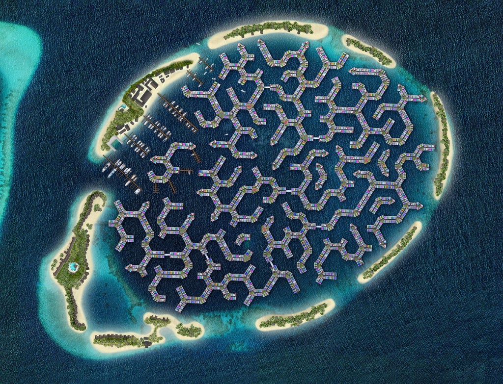 The Maldives Floating City concept art. Shows a design of a floating city based on the natural formation of brain corals.